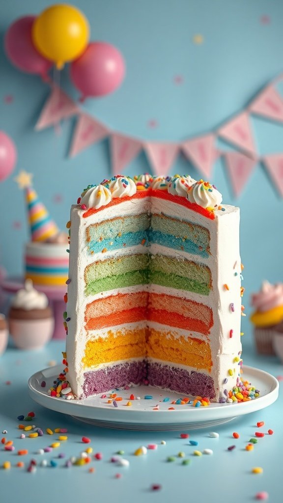A colorful rainbow layer cake with multiple layers and sprinkles, set against a festive background.