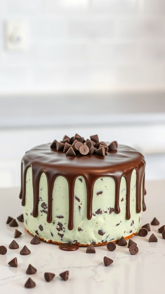 Mint chocolate chip cake with chocolate ganache and chocolate chips on top