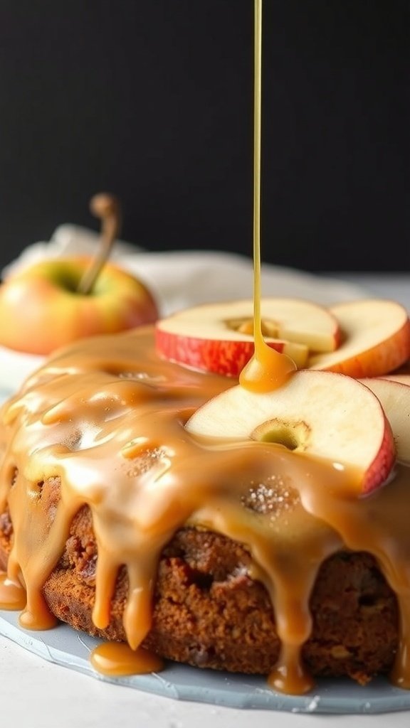 A delicious caramel apple cake topped with caramel sauce and apple slices.