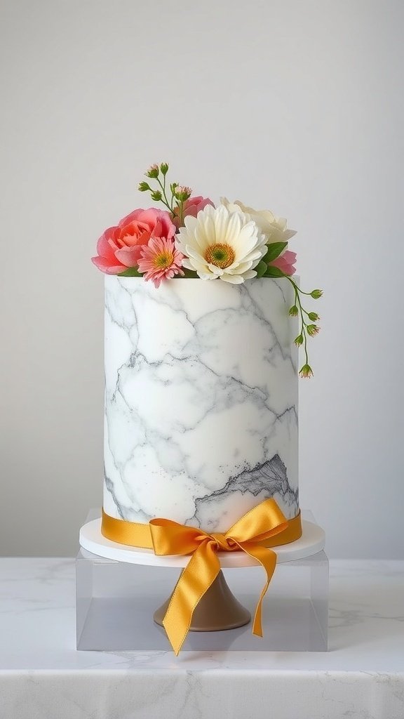 A chic marble cake design with fresh flowers and an orange ribbon.