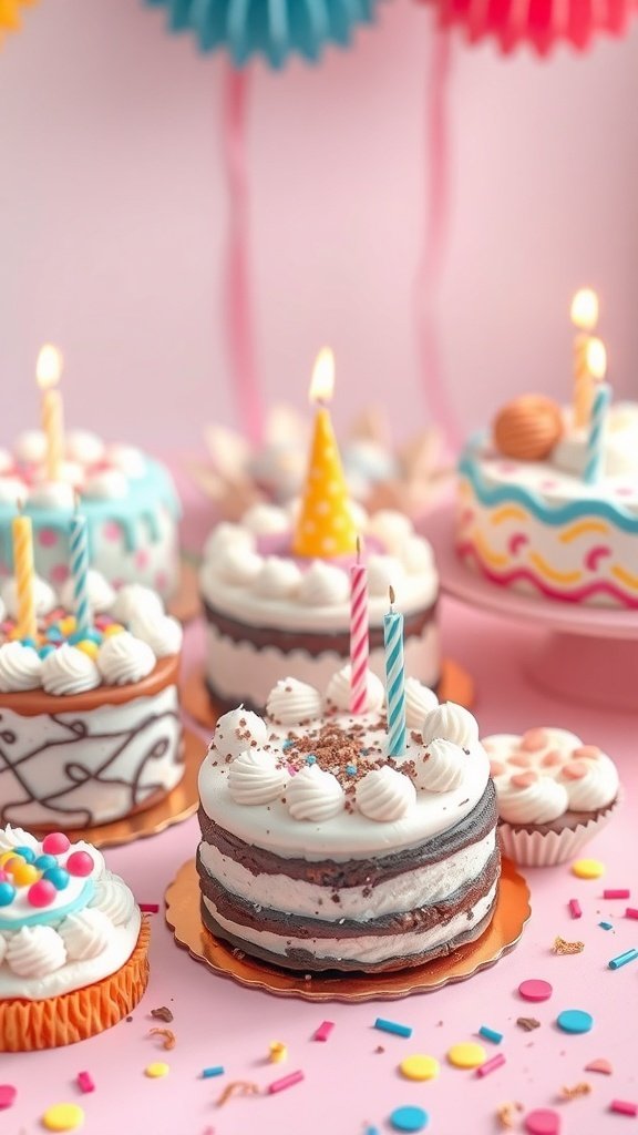A colorful display of mini birthday cakes with candles and decorations on a pink background.