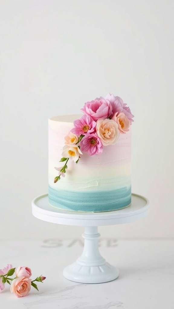 Ombre buttercream cake with floral accents on a white pedestal