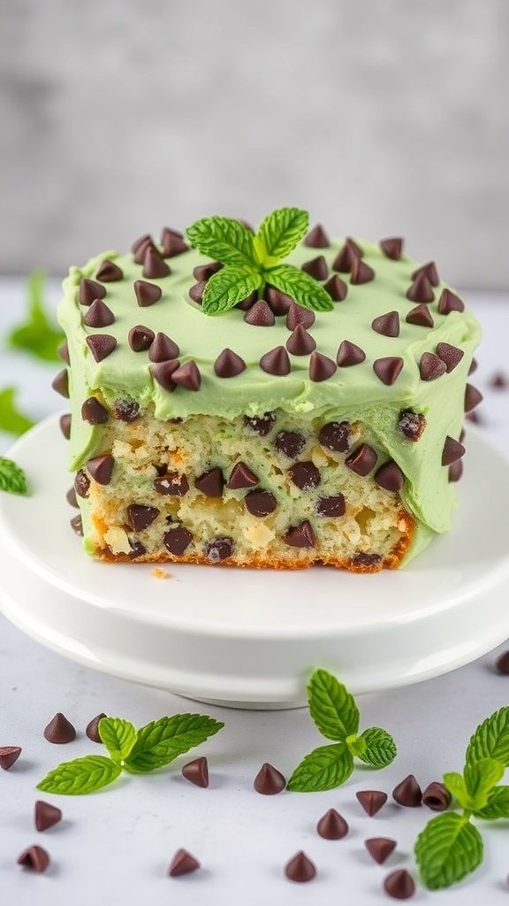 A slice of mint chocolate chip cake topped with green frosting, chocolate chips, and a mint leaf.