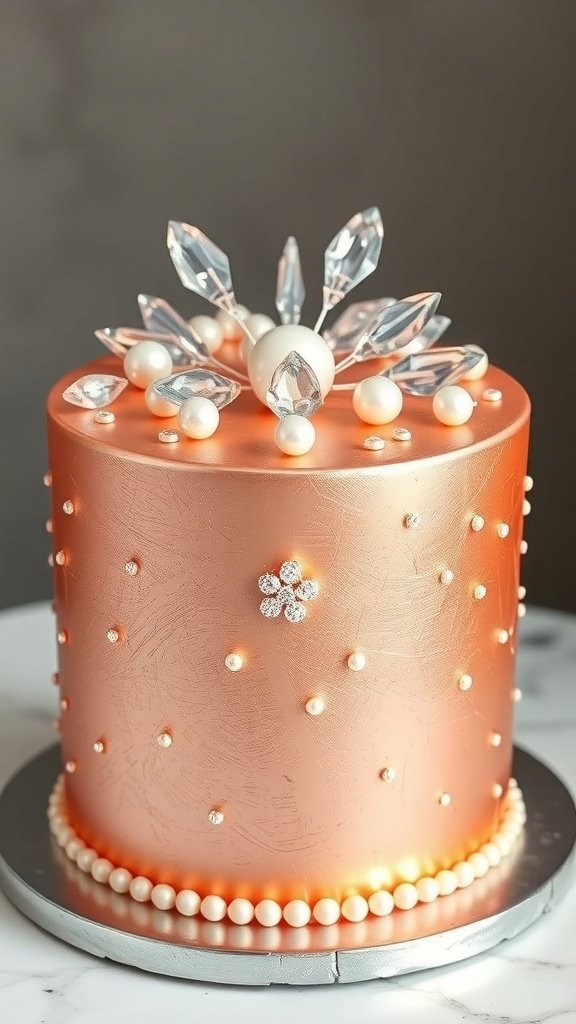 A glamorous cake with a metallic peach finish, decorated with pearls and crystal accents.