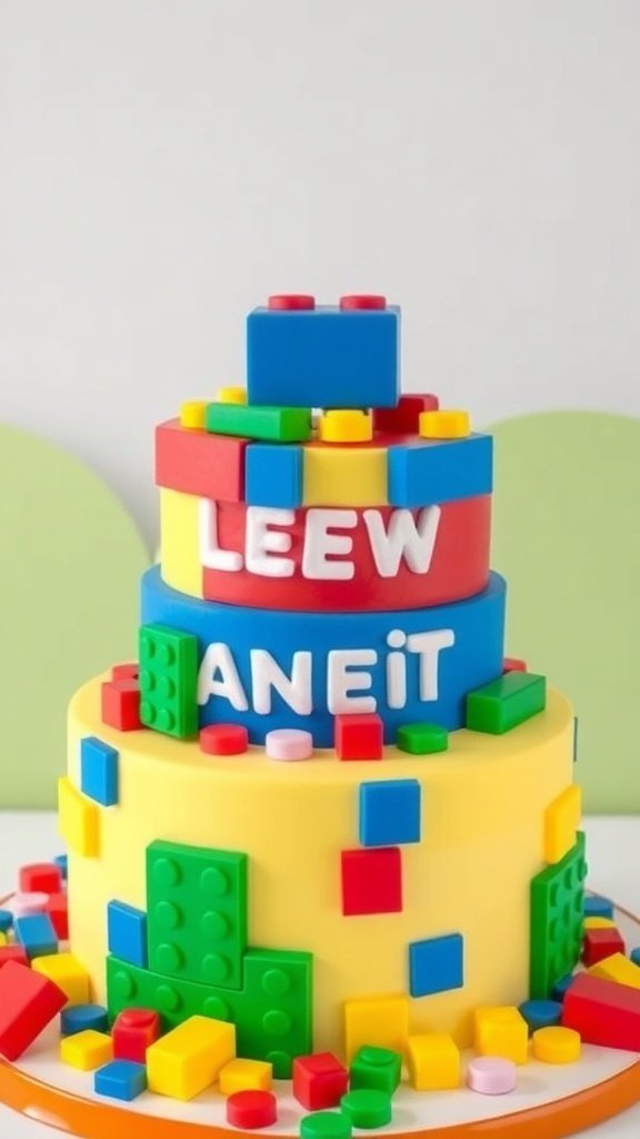 A colorful Lego Building Block Cake with fondant decorations resembling Lego bricks.