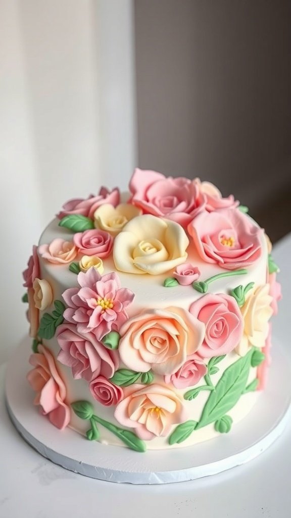 A beautifully decorated floral buttercream cake with pink and yellow roses.