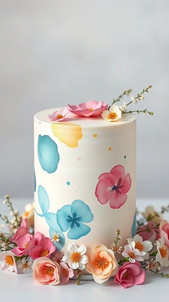 A beautifully decorated cake featuring watercolor techniques and sugar flowers.