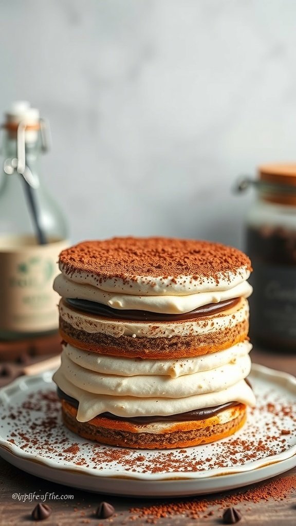A beautifully layered tiramisu cake topped with cocoa powder, showcasing rich cream and coffee-soaked layers.