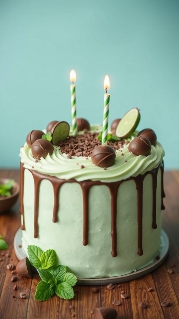 A beautifully decorated chocolate mint cake with green frosting, chocolate truffles, and mint leaves, featuring two candles on top.