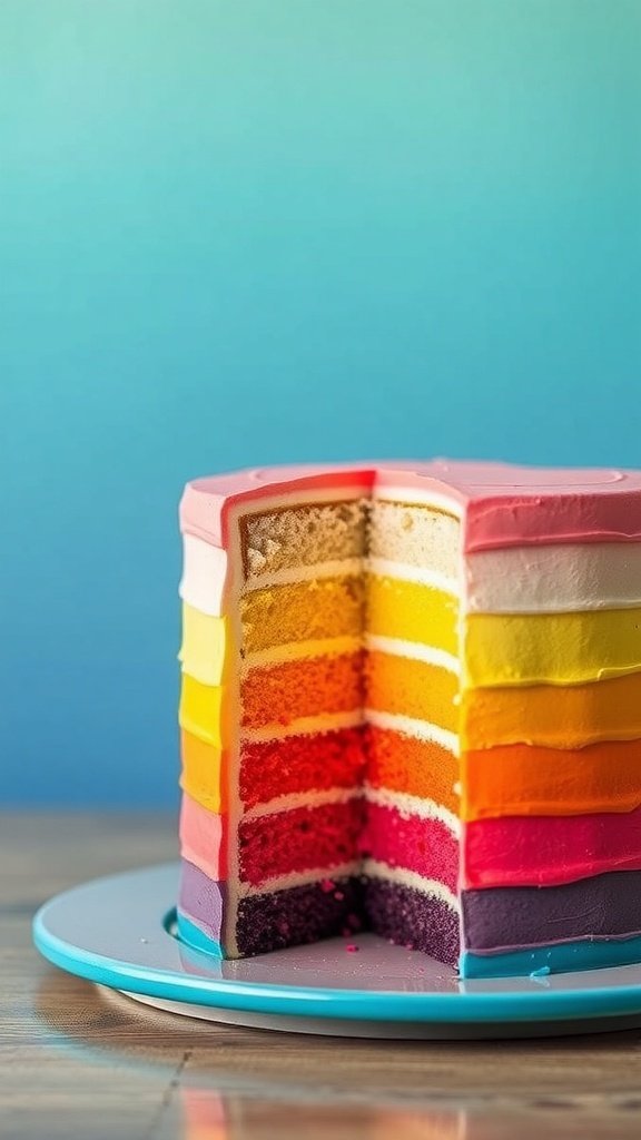 A colorful ombre layer cake with multiple vibrant layers, sliced to reveal its gradient colors.