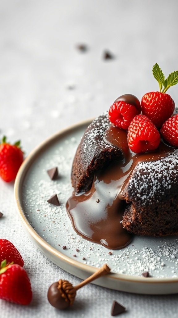 A delicious chocolate lava cake topped with raspberries and powdered sugar, with chocolate sauce oozing out.