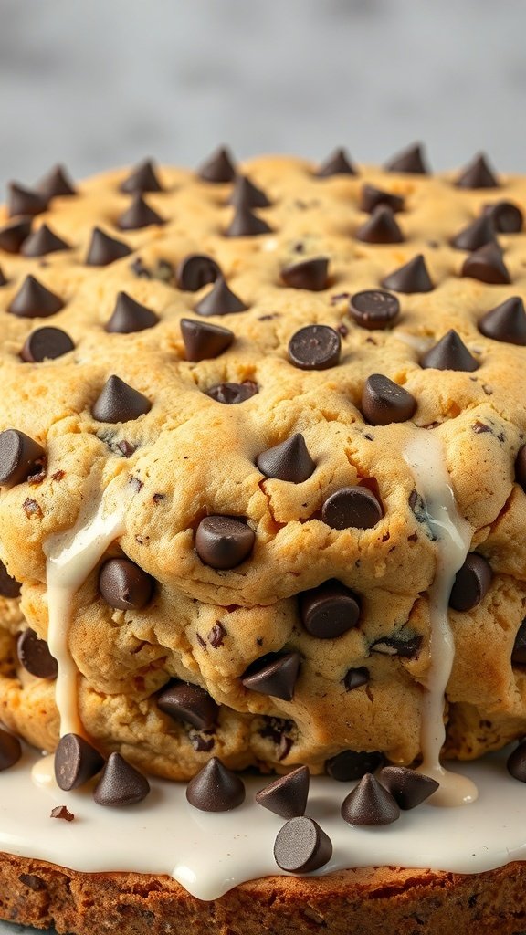 A chocolate chip cookie cake topped with chocolate chips and a drizzle of icing.