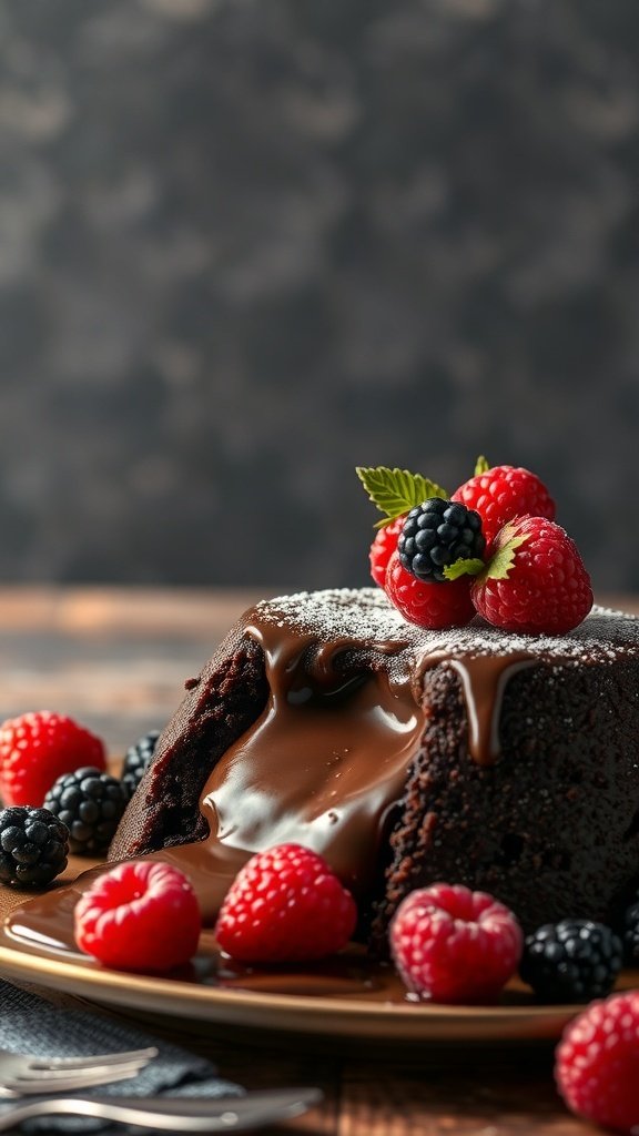 Chocolate lava cake with raspberries and blackberries on a plate