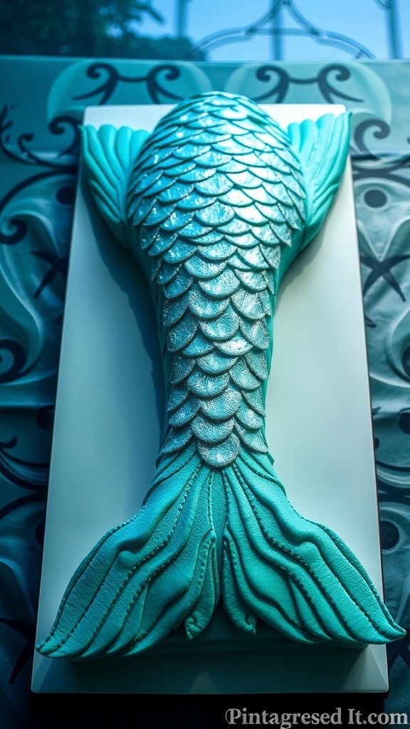 A beautifully crafted mermaid tail cake in shades of blue and green, featuring shimmering scales and intricate details.