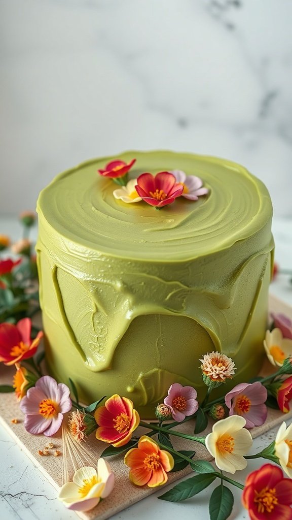 A beautifully decorated matcha green tea cake with colorful flowers on top.