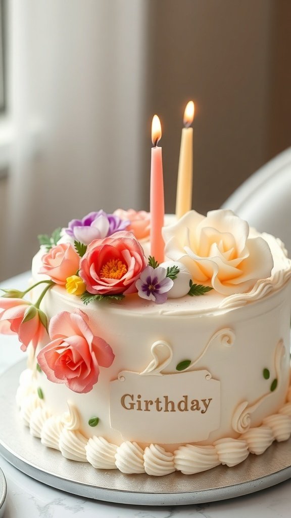 A beautifully decorated birthday cake with floral accents and candles.