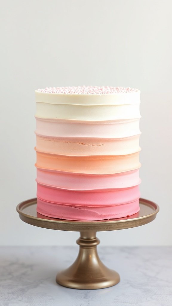 A pastel ombre cake with layers of pink and peach frosting on a gold cake stand.