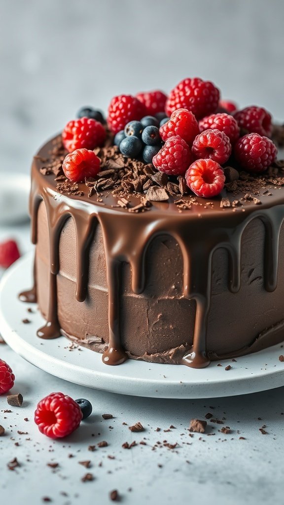 A beautifully decorated chocolate drip cake topped with raspberries and blueberries.