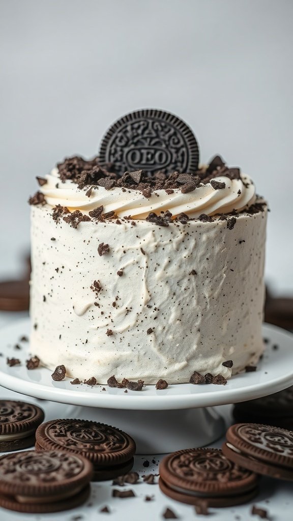A delicious Oreo Cookie Cake topped with Oreo crumbs and a whole Oreo cookie.