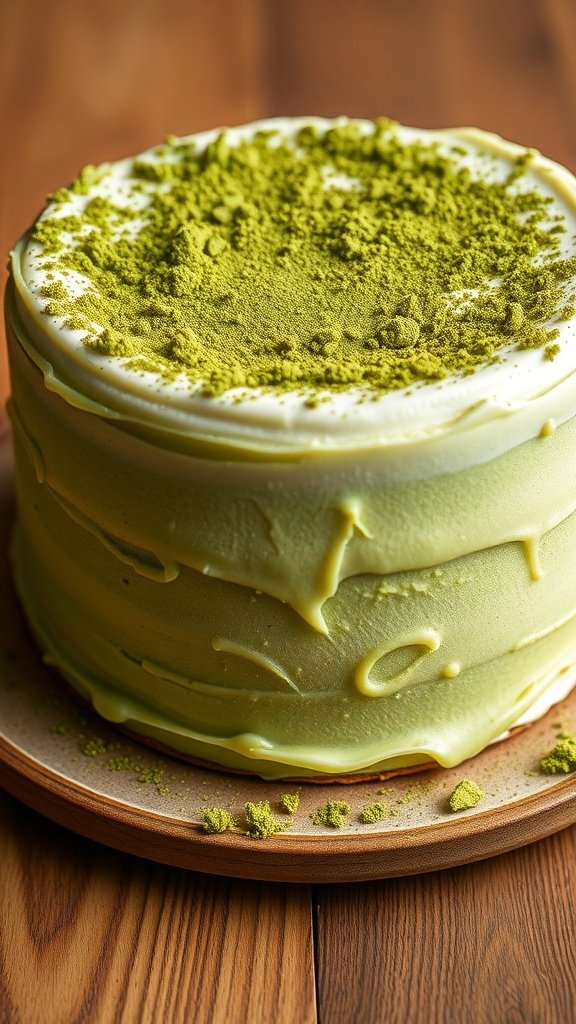 A beautifully decorated matcha green tea cake topped with matcha powder.