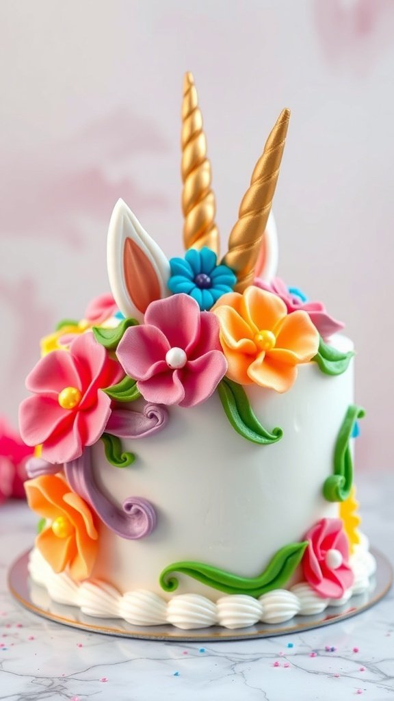A whimsical unicorn cake with golden horns and colorful flowers.