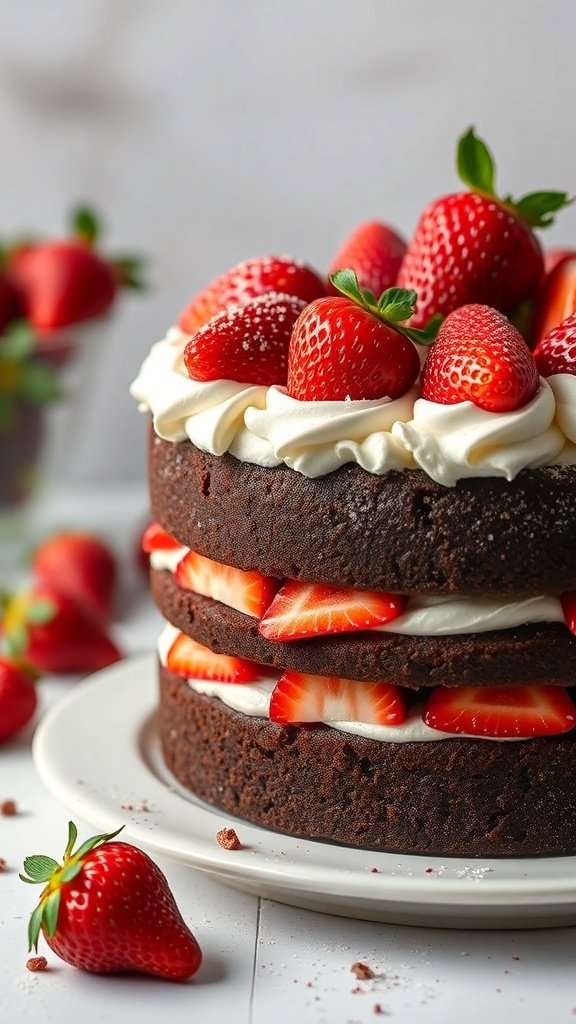A delicious Chocolate Strawberry Delight Cake with layers of chocolate and fresh strawberries on top.