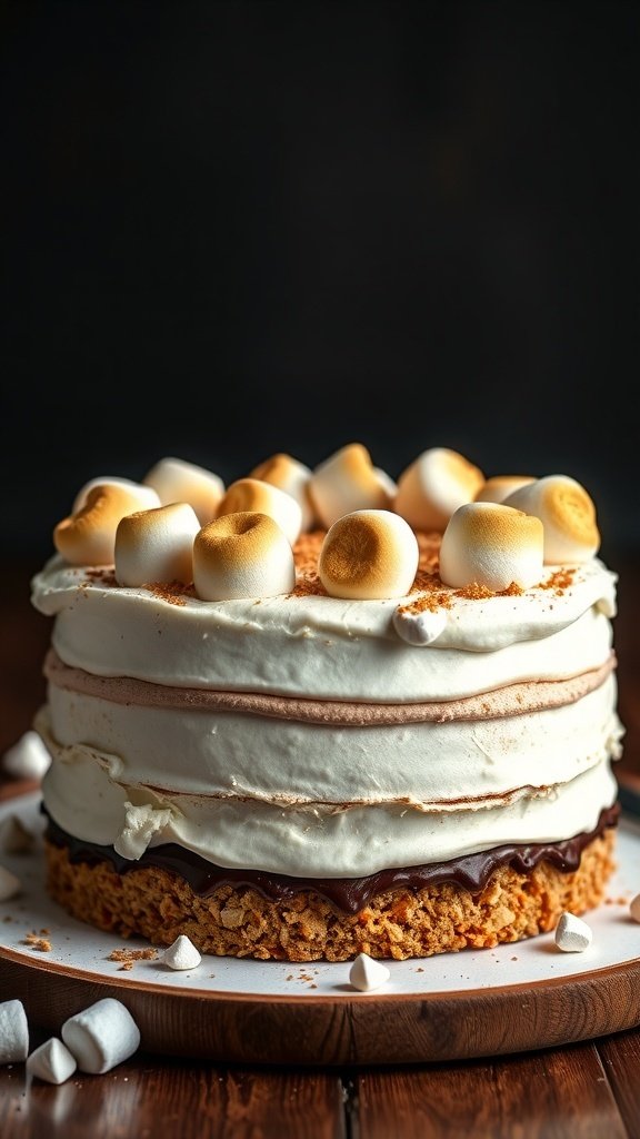 A beautifully layered S'mores cake with a graham cracker crust, topped with toasted marshmallows.