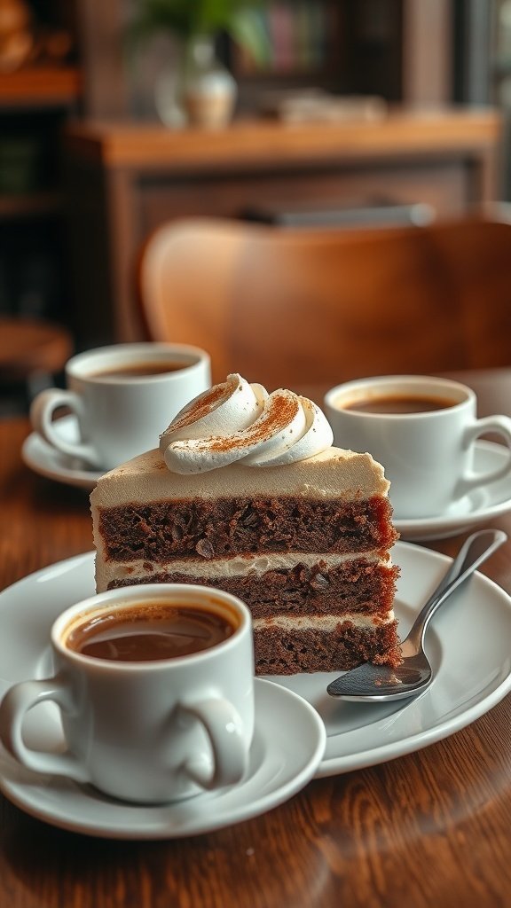A slice of coffee-flavored cake with espresso cream next to cups of coffee on a wooden table.
