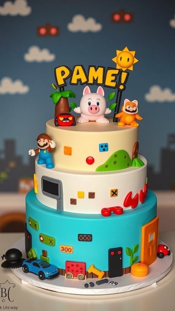 A colorful retro video game themed birthday cake with characters and game elements.