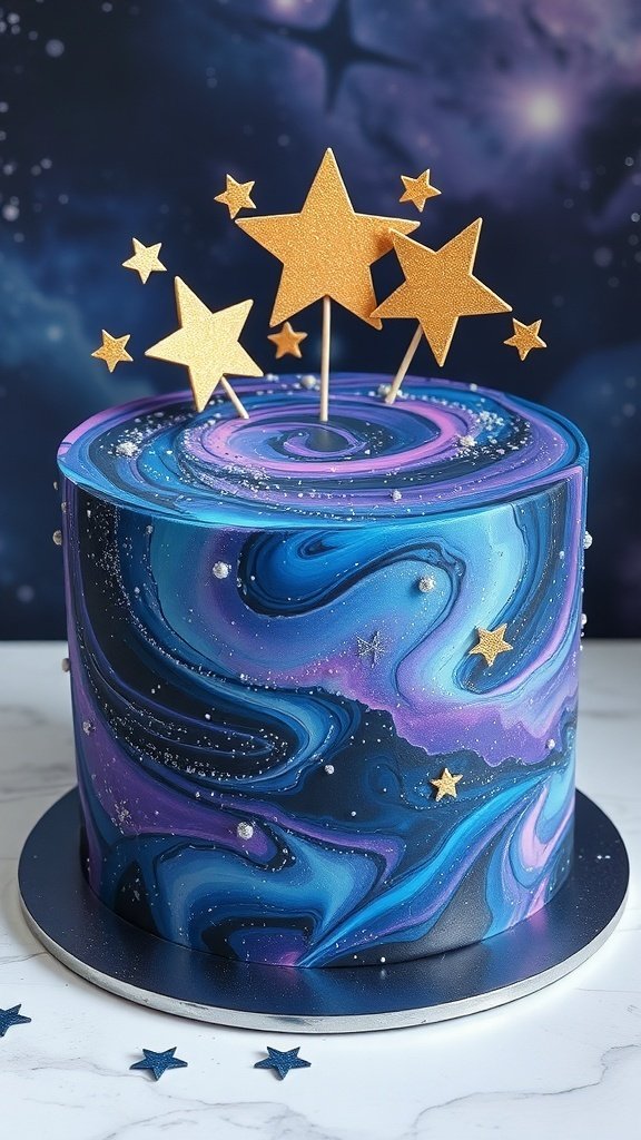 A beautifully designed galaxy cake with swirling blue and purple colors, topped with golden star decorations.