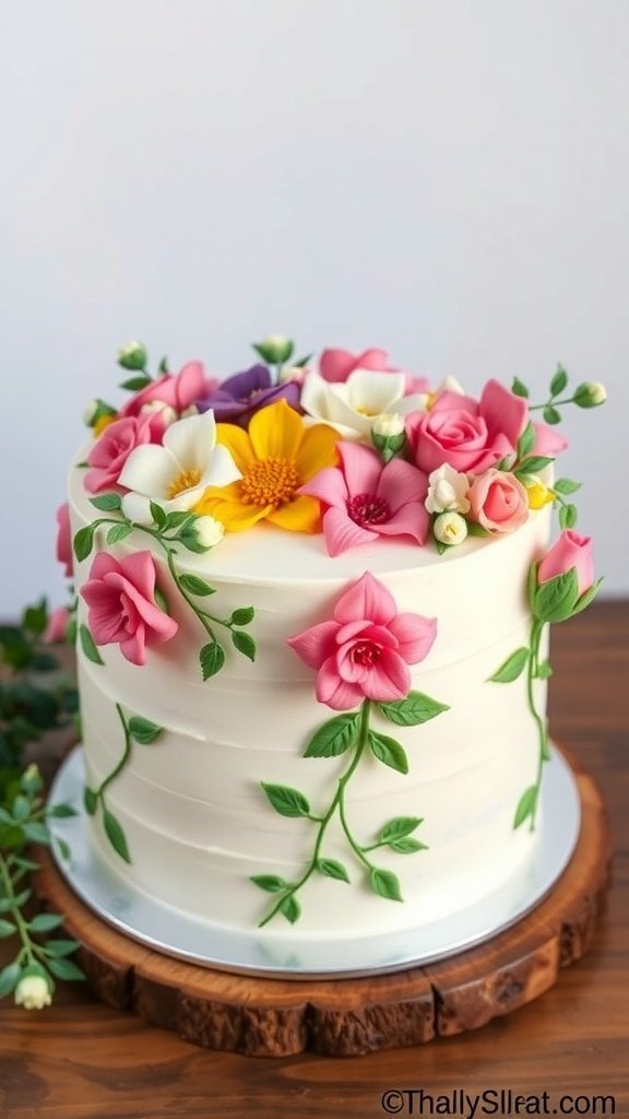 A beautifully decorated floral buttercream cake with various colorful flowers and green leaves on top.