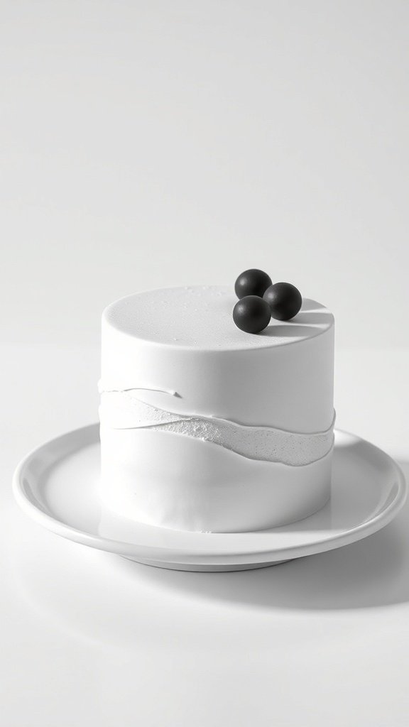 A minimalist white cake with black spheres on top, presented on a white plate.
