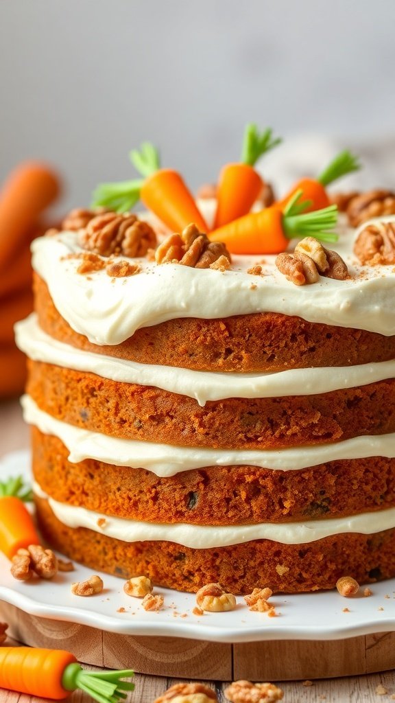 A three-layer carrot cake with cream cheese frosting, decorated with mini carrots and walnuts.