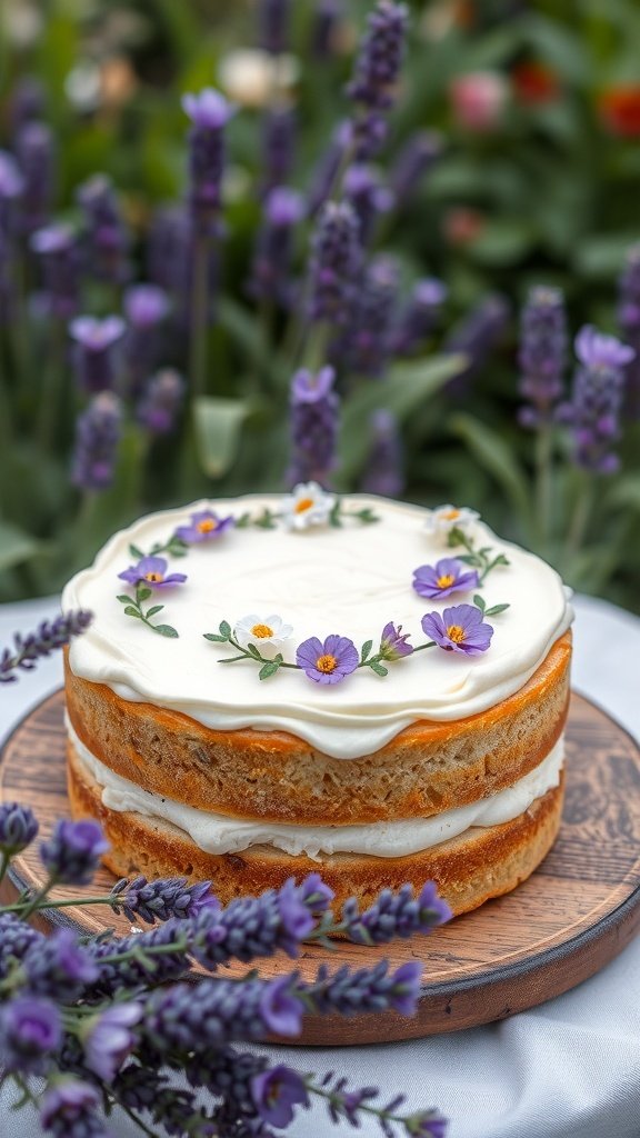 A beautifully decorated Lavender Honey Cake with flowers on top, surrounded by lavender plants.