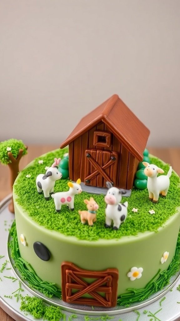 A colorful cake decorated with a barn and farm animals on top, set in a grassy field.