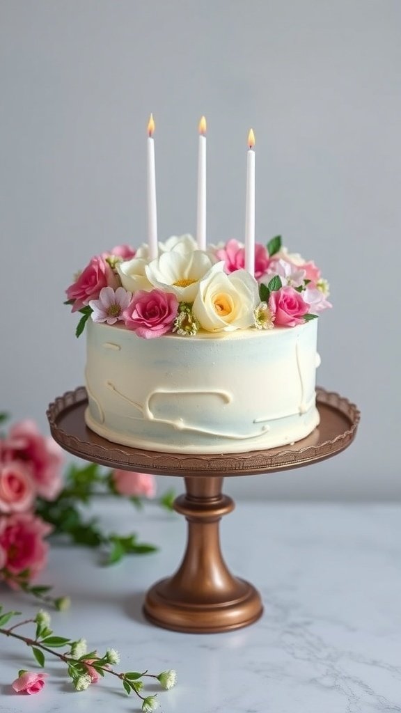 A beautifully decorated birthday cake with floral accents and candles on a stand.