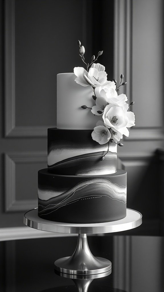 A three-tiered black and white cake with floral decorations
