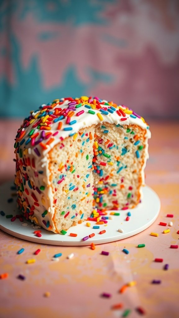 A Funfetti Surprise Cake with colorful sprinkles and frosting, cut to show the inside.