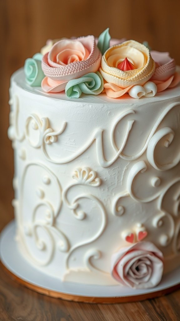 A beautifully decorated cake with textured buttercream and pastel roses.