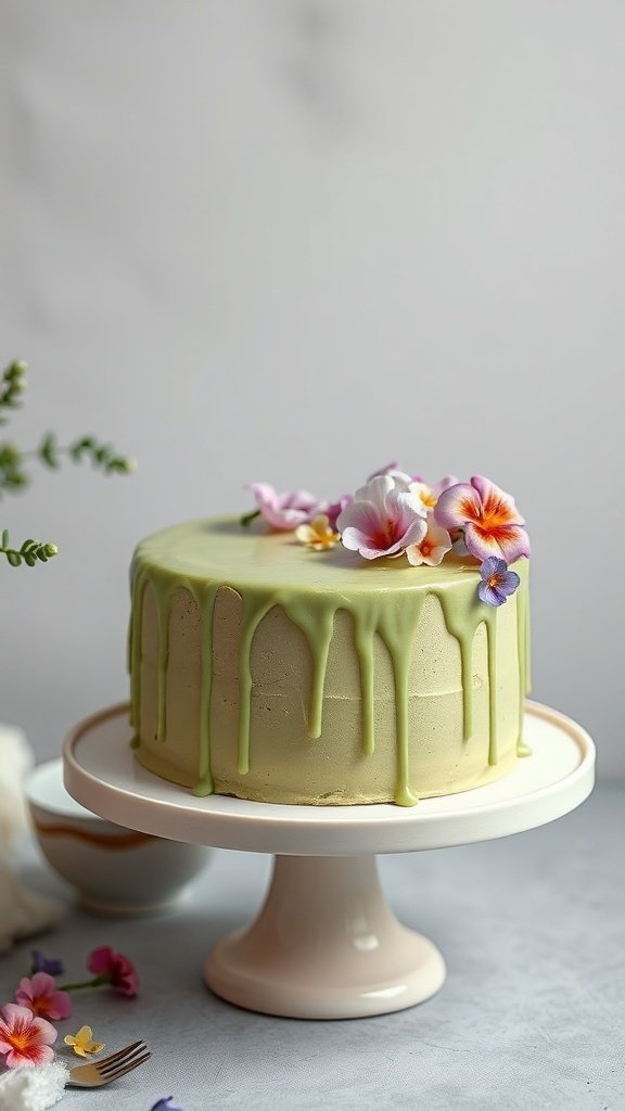 A beautiful matcha green tea cake topped with flowers, showcasing a smooth green frosting and a decorative drip.