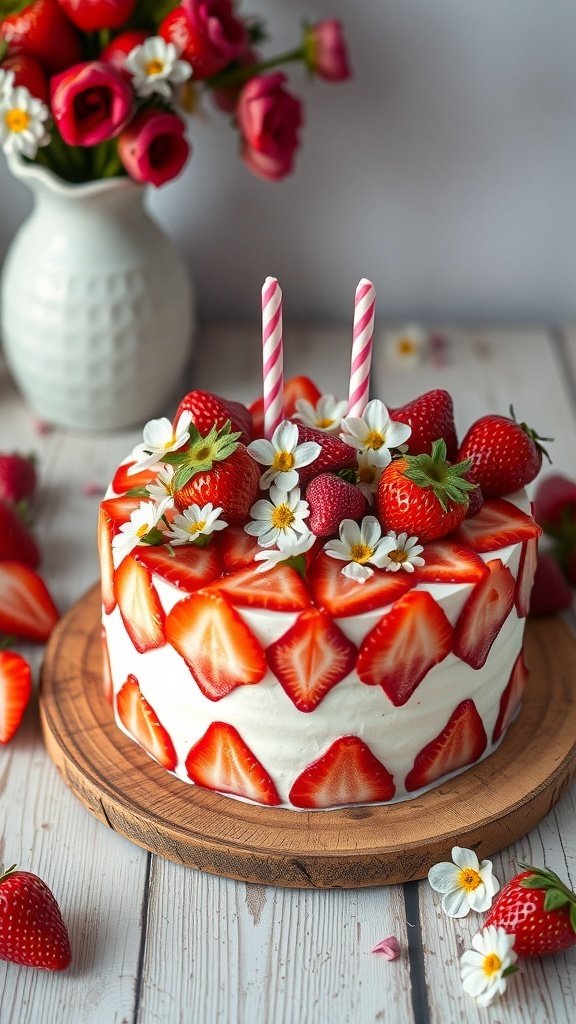 A beautifully decorated strawberry birthday cake with edible flowers and candles.