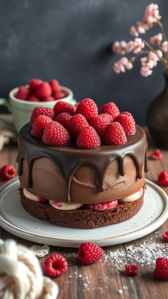 A chocolate raspberry cake topped with fresh raspberries and chocolate ganache
