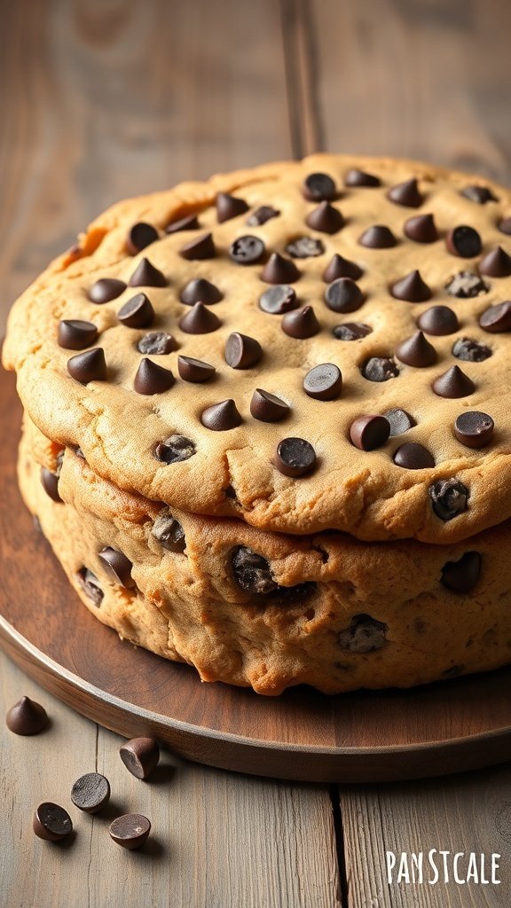 A delicious chocolate chip cookie cake topped with chocolate chips on a wooden surface.