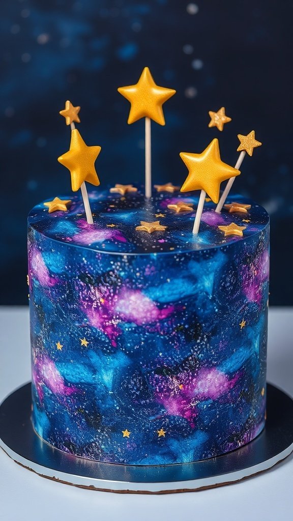 A galaxy-inspired birthday cake with vibrant blue and purple swirls, topped with golden star decorations.