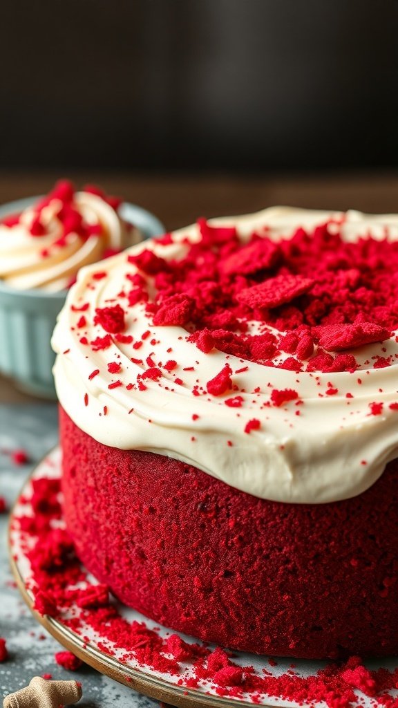 A delicious red velvet cake topped with cream cheese frosting and red cake crumbs.