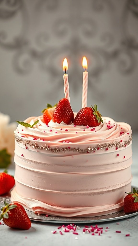 A beautifully decorated strawberry birthday cake with pink frosting, fresh strawberries, and delicate edible glitter accents.
