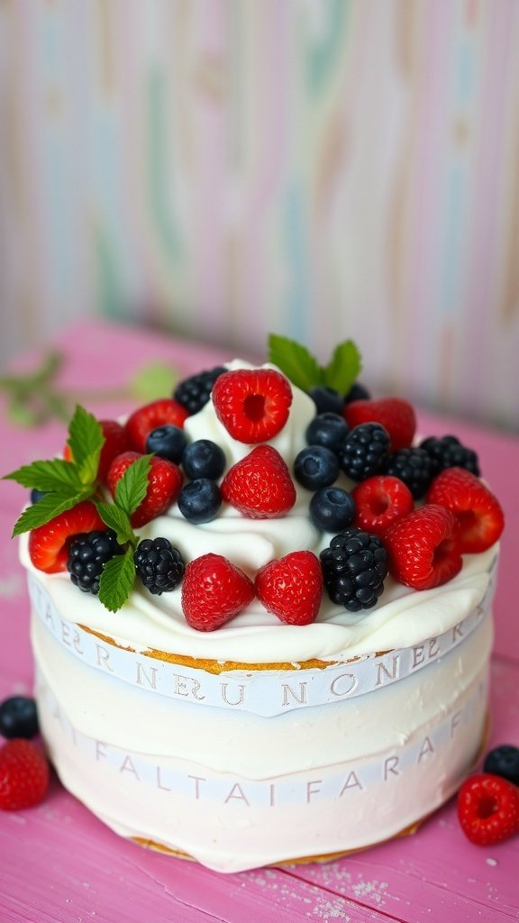 A beautiful birthday cake topped with whipped cream and an assortment of berries.