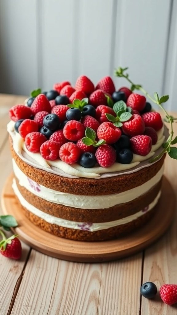 A rustic naked cake topped with fresh raspberries and blueberries on a wooden plate.