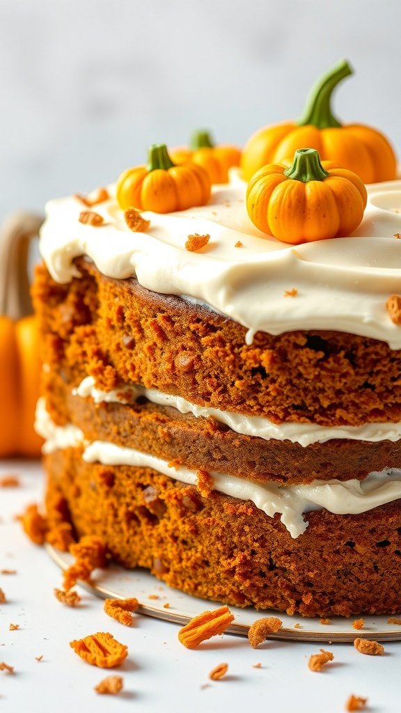 A beautifully decorated pumpkin spice cake with mini pumpkins on top and crushed cookies around the base.