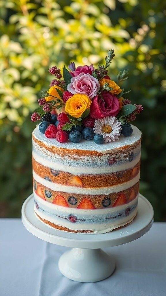 A rustic naked cake decorated with colorful flowers and fresh berries.
